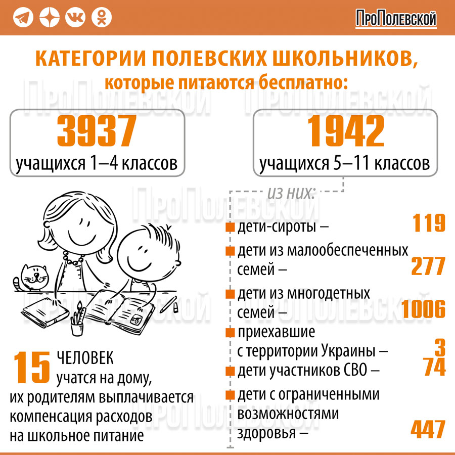 Категории полевских школьников, которые питаются бесплатно: